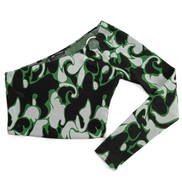 ZARA Women's One Shoulder Crop Top Size Medium Green Black White Knit - Picture 1 of 6
